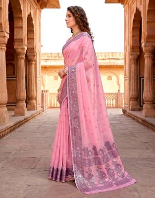 Sangam prints pink cotton blend woven work traditional saree 2