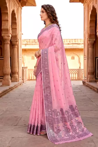 Sangam prints pink cotton blend woven work traditional saree