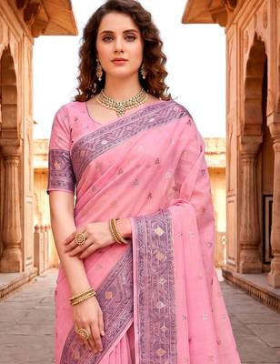 Sangam prints pink cotton blend woven work traditional saree 3
