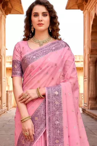 Sangam prints pink cotton blend woven work traditional saree