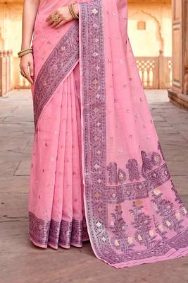 Sangam prints pink cotton blend woven work traditional saree 4