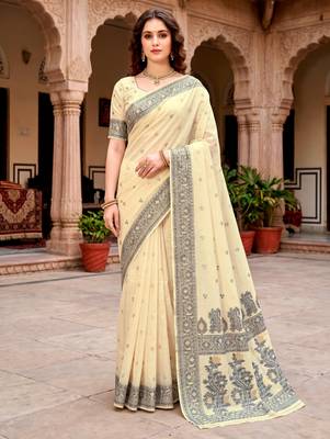 Sangam prints light yellow cotton blend woven work traditional saree 1