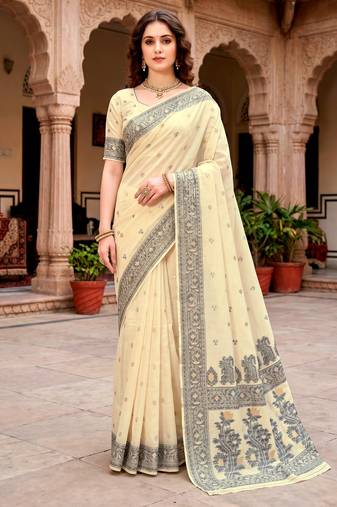 Sangam prints light yellow cotton blend woven work traditional saree