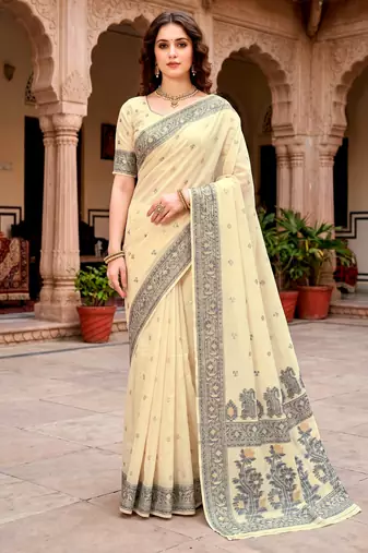 Sangam prints light yellow cotton blend woven work traditional saree