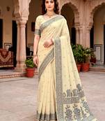 Sangam prints light yellow cotton blend woven work traditional saree
