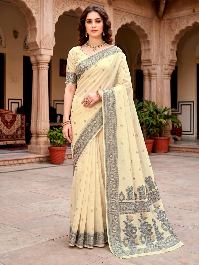Sangam prints light yellow cotton blend woven work traditional saree