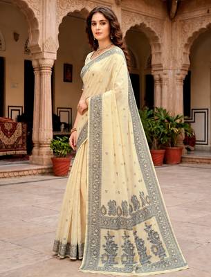 Sangam prints light yellow cotton blend woven work traditional saree 2