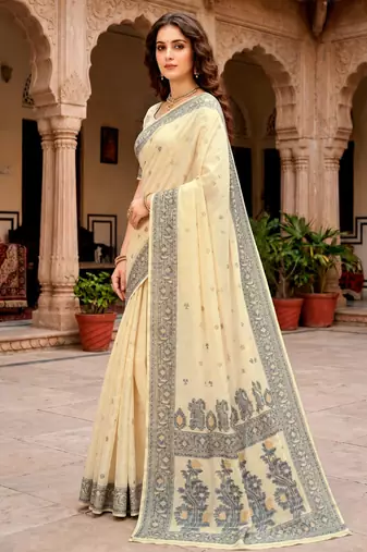 Sangam prints light yellow cotton blend woven work traditional saree