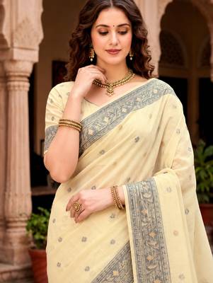 Sangam prints light yellow cotton blend woven work traditional saree 3