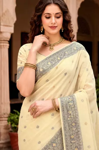 Sangam prints light yellow cotton blend woven work traditional saree