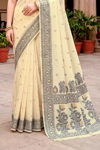 Sangam prints light yellow cotton blend woven work traditional saree