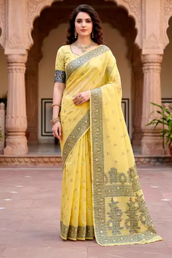 Sangam prints yellow cotton blend woven work traditional saree
