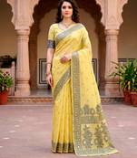 Sangam prints yellow cotton blend woven work traditional saree