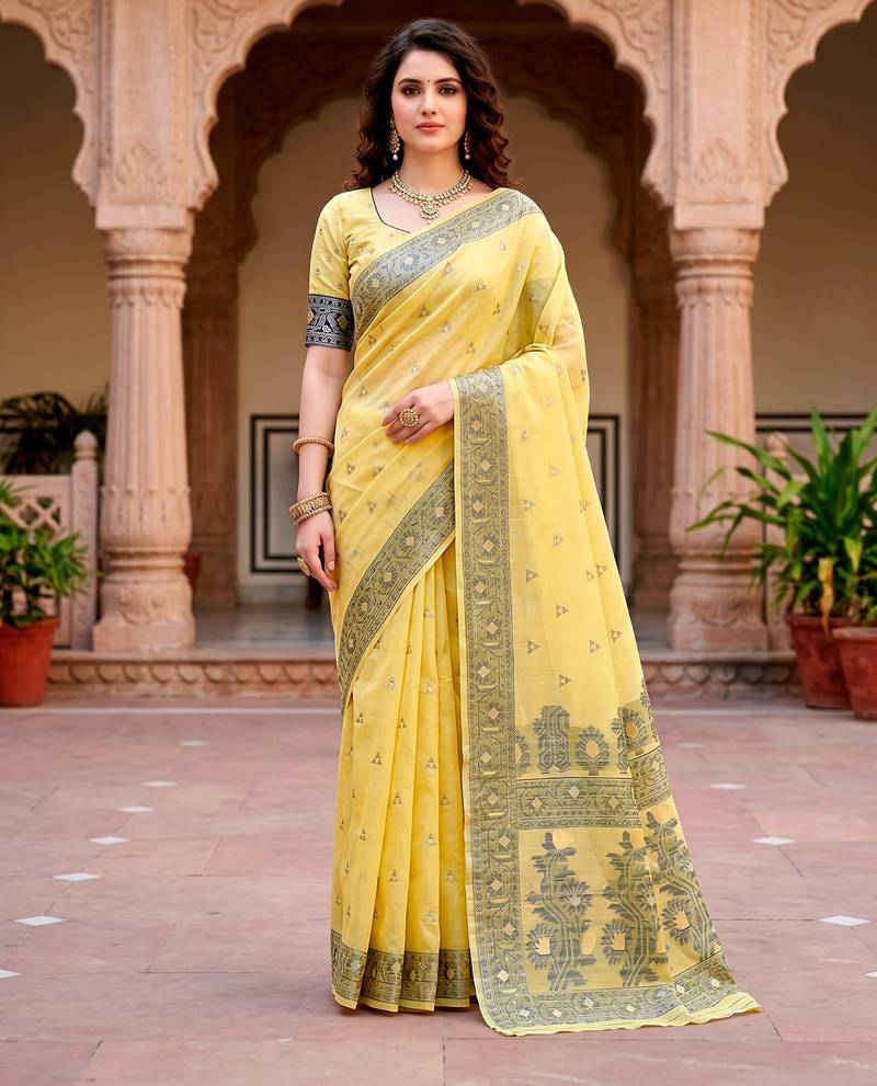 Sangam prints yellow cotton blend woven work traditional saree