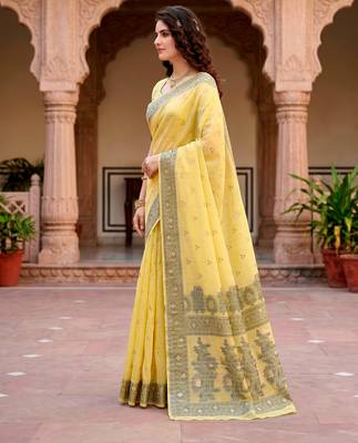 Sangam prints yellow cotton blend woven work traditional saree 2