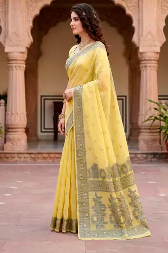 Sangam prints yellow cotton blend woven work traditional saree