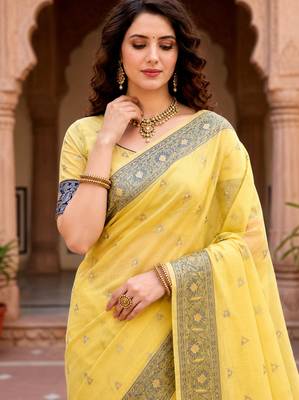 Sangam prints yellow cotton blend woven work traditional saree 3