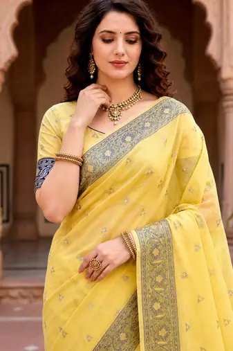 Sangam prints yellow cotton blend woven work traditional saree