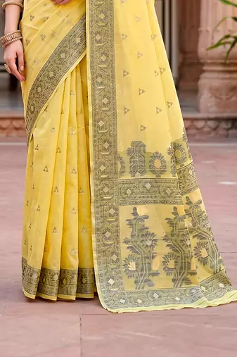Sangam prints yellow cotton blend woven work traditional saree