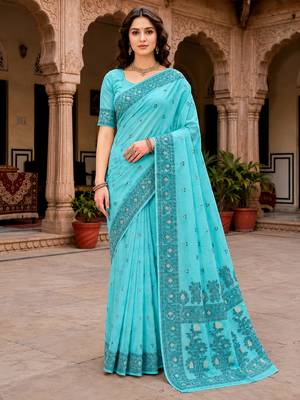 Sangam prints teal blue cotton blend woven work traditional saree 1