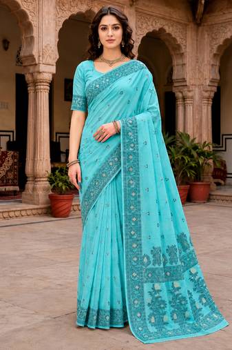 Sangam prints teal blue cotton blend woven work traditional saree