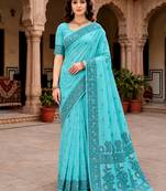 Sangam prints teal blue cotton blend woven work traditional saree