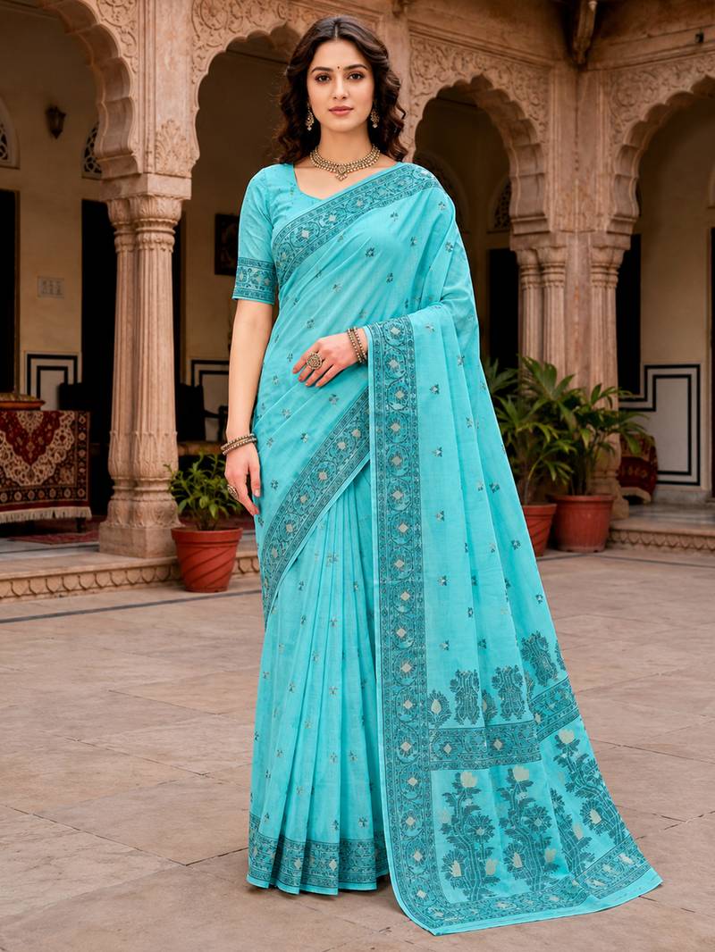 Sangam prints teal blue cotton blend woven work traditional saree