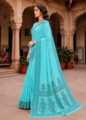 Sangam prints teal blue cotton blend woven work traditional saree 2