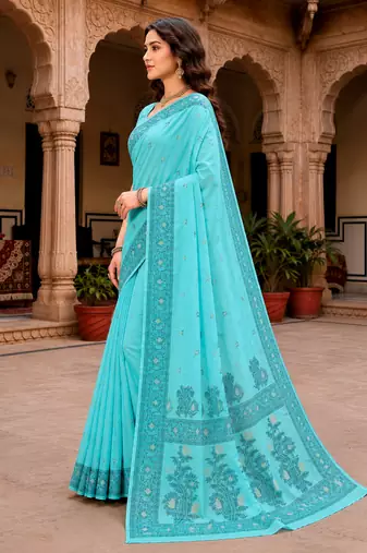 Sangam prints teal blue cotton blend woven work traditional saree