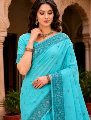 Sangam prints teal blue cotton blend woven work traditional saree 3