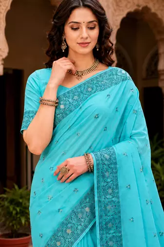 Sangam prints teal blue cotton blend woven work traditional saree