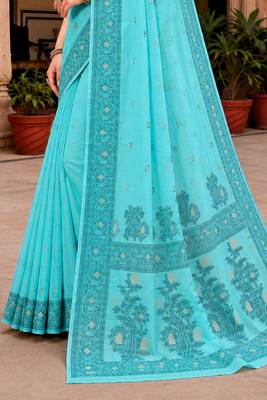 Sangam prints teal blue cotton blend woven work traditional saree 4