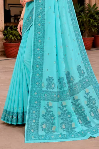 Sangam prints teal blue cotton blend woven work traditional saree
