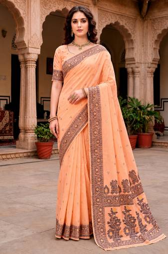 Sangam prints peach cotton blend woven work traditional saree