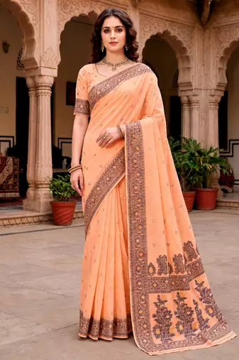 Sangam prints peach cotton blend woven work traditional saree