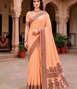 Sangam prints peach cotton blend woven work traditional saree