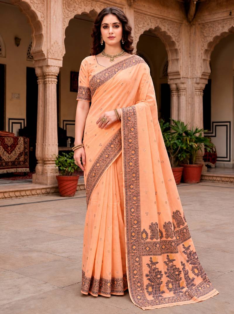 Sangam prints peach cotton blend woven work traditional saree
