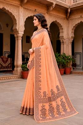 Sangam prints peach cotton blend woven work traditional saree 2