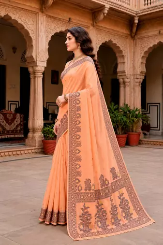 Sangam prints peach cotton blend woven work traditional saree