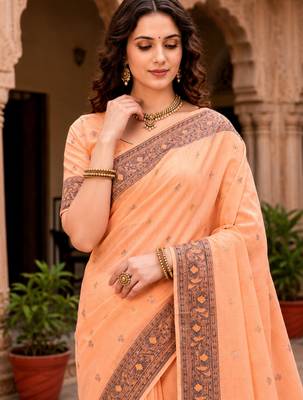 Sangam prints peach cotton blend woven work traditional saree 3