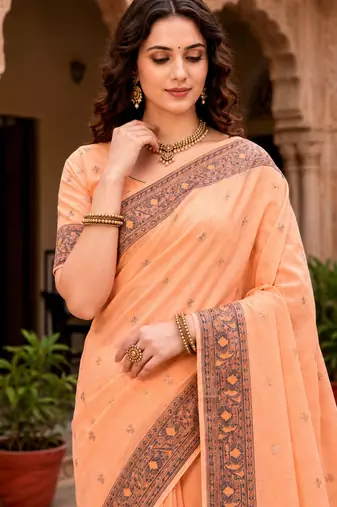 Sangam prints peach cotton blend woven work traditional saree