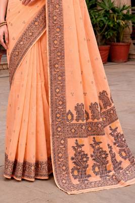 Sangam prints peach cotton blend woven work traditional saree 4