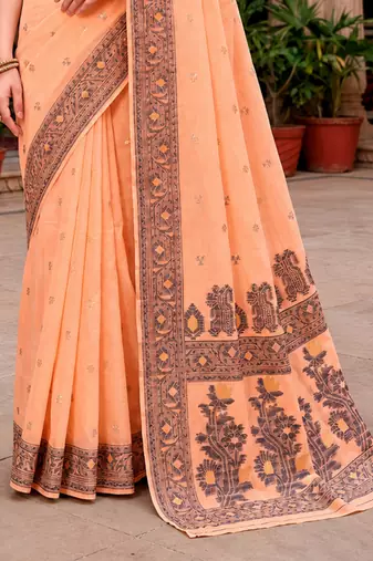 Sangam prints peach cotton blend woven work traditional saree