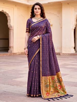Sangam prints violet cotton blend woven work traditional saree 1
