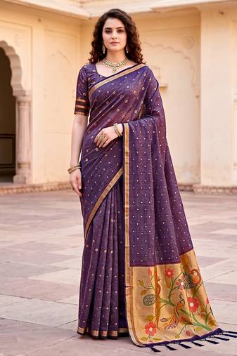 Sangam prints violet cotton blend woven work traditional saree