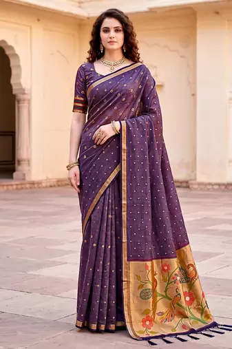Sangam prints violet cotton blend woven work traditional saree