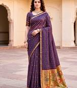 Sangam prints violet cotton blend woven work traditional saree