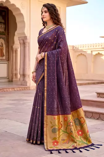 Sangam prints violet cotton blend woven work traditional saree