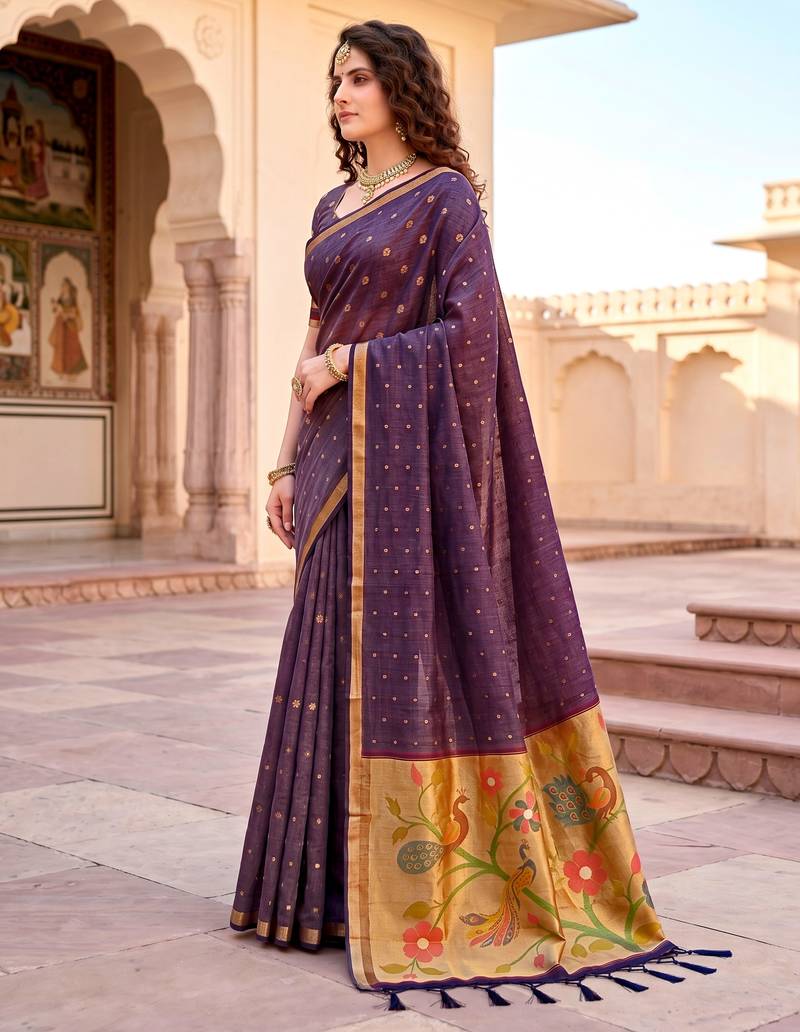 Sangam prints violet cotton blend woven work traditional saree