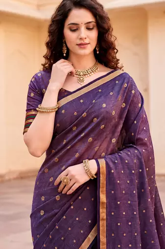 Sangam prints violet cotton blend woven work traditional saree